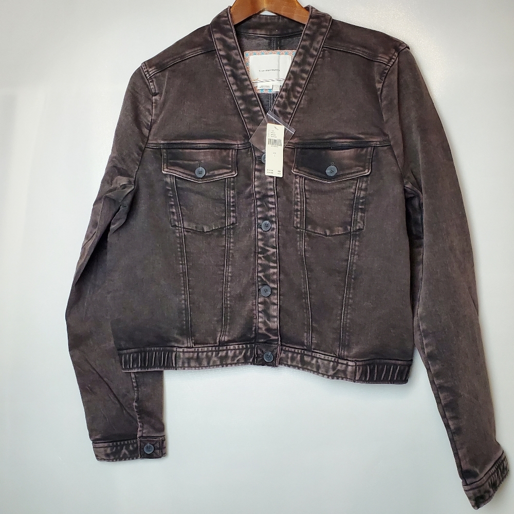 Anthropologie Cropped V-neck NWT Denim "Bibiana" Bomber Black Jean Jacket Large